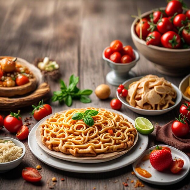 Photo a table with bowls of food including noodles vegetables and noodles