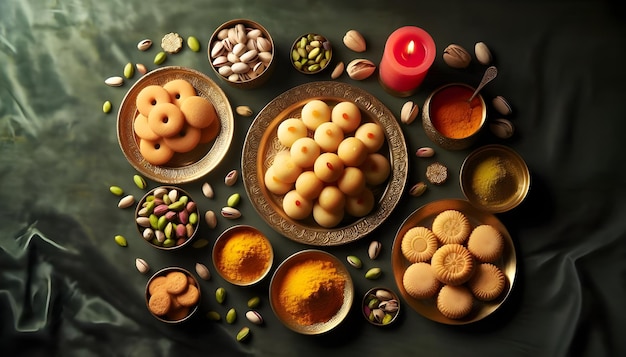 a table with bowls of food including nuts and nuts