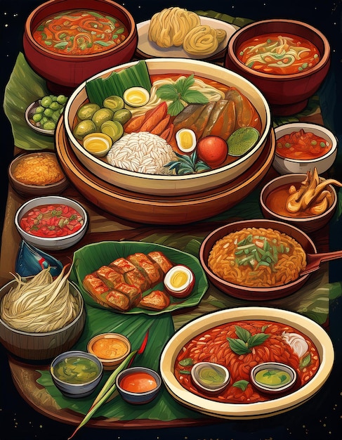 a table with bowls of food including rice rice and vegetables