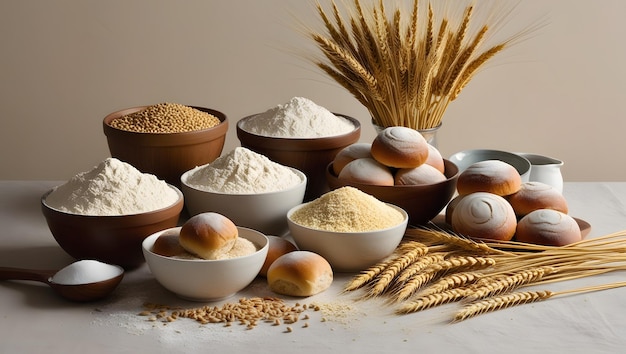 a table with bowls of food including rice and wheat