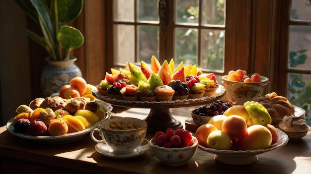 Photo a table with bowls of fruit and a bowl of fruit on it