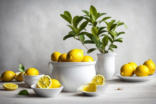 a table with bowls of lemons and lemons on it