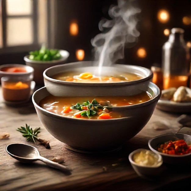 a table with bowls of soup and a bottle of beer