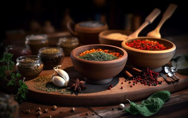 a table with bowls of spices and a pot of spices with a flower on it.