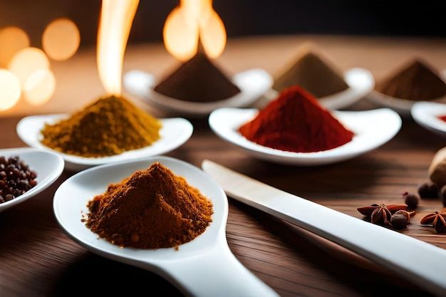 a table with bowls of spices and a spoon with a sign that says quot red tea quot