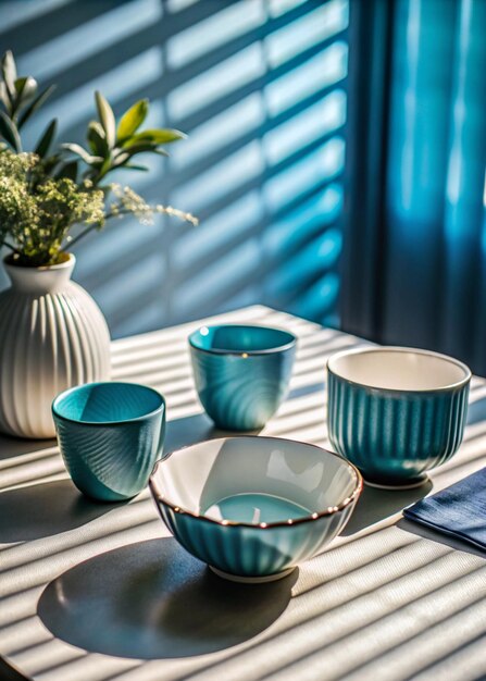 Photo a table with bowls and vases on it and a place mat on the table