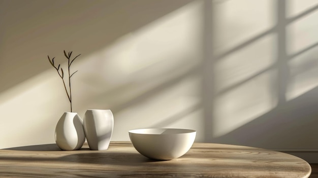 a table with bowls and vases on it and a vase with flowers in the background