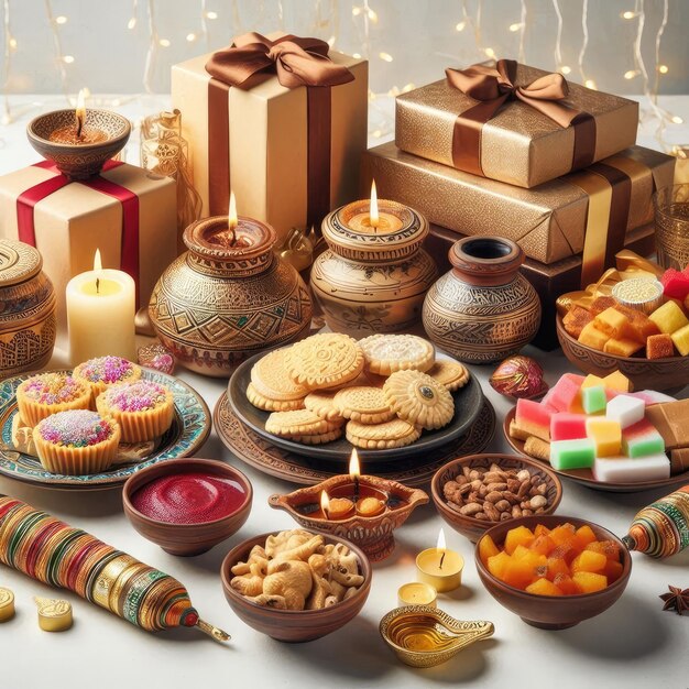 a table with a box of cookies candy and a candle