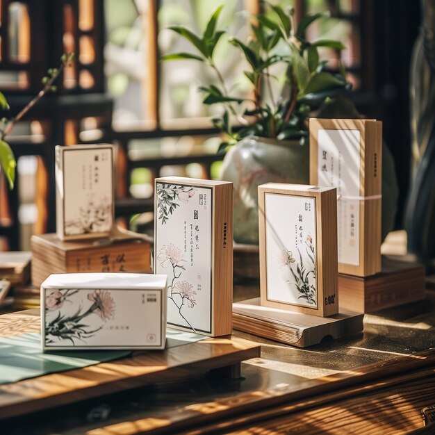 Photo a table with boxes of chinese calligraphy on it