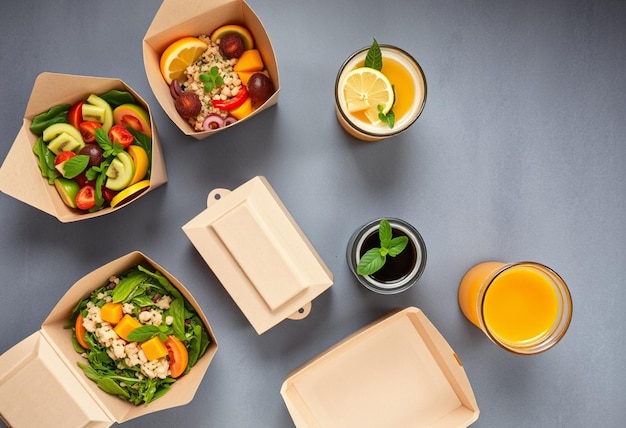 Photo a table with boxes of food including fruit vegetables and orange juice