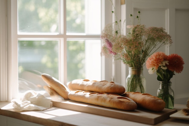 A table with bread and flowers on it