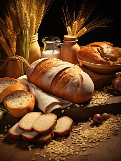 A table with bread milk and other food items