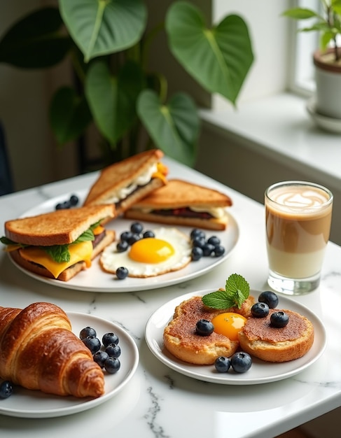 Photo a table with breakfast food and coffee and a glass of milk