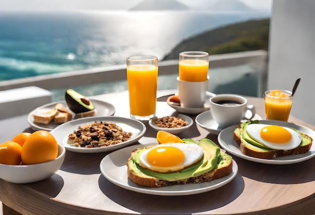 a table with breakfast food and drinks on it