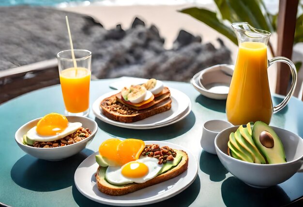 a table with breakfast foods including eggs eggs and orange juice