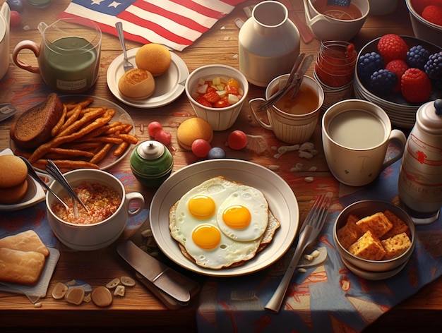 A table with breakfast foods on it and a flag on the table