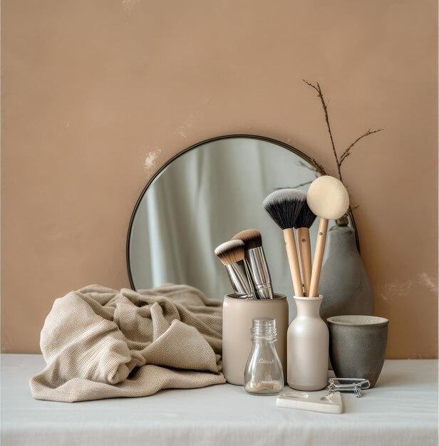 A table with brushes and a vase with a branch on it.