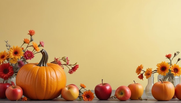 Photo a table with a bunch of apples bananas and a pumpkin