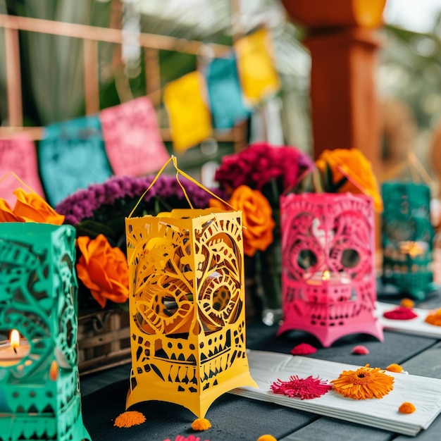 Photo a table with a bunch of colorful lanterns and a candle that says  skull