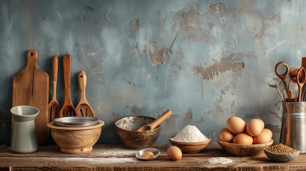 a table with a bunch of eggs and a wooden spoon