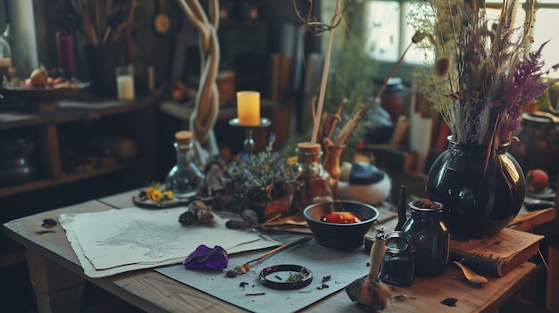 a table with a bunch of flowers and a candle on it