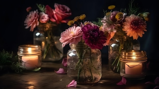 A table with a bunch of flowers in glass jars with a dark background.