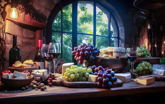 a table with a bunch of grapes and wine glasses near the window