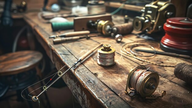 Photo a table with a bunch of old tools and a string