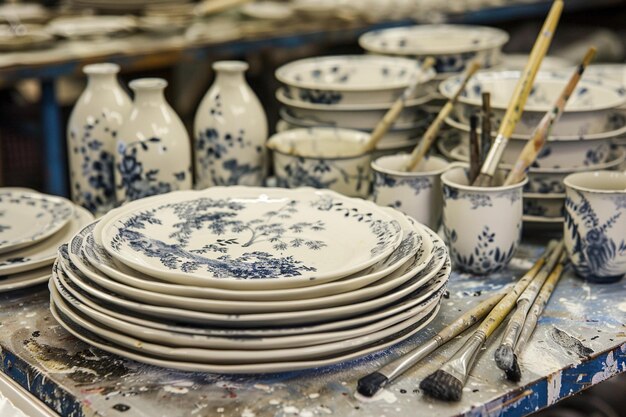 a table with a bunch of plates and a blue and white china on it