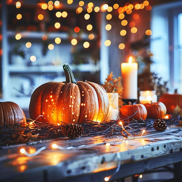 a table with a bunch of pumpkins and candles on it