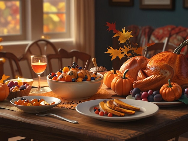 a table with a bunch of pumpkins grapes and a glass of wine