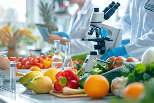 a table with a bunch of vegetables and fruits and quality check using a microscope