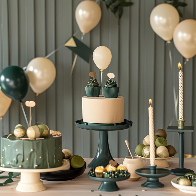 a table with a cake and balloons on it and a candle on it