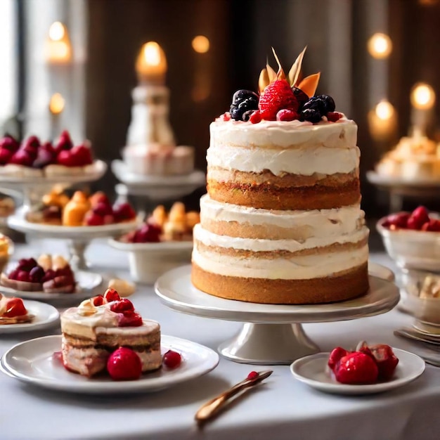 a table with a cake and desserts on it