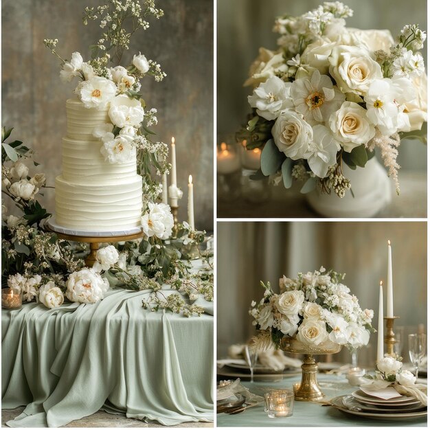 Photo a table with a cake and flowers on it