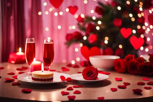 a table with a cake and glasses of champagne and a cake with hearts on it