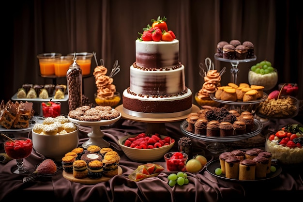 A table with a cake and other desserts on it