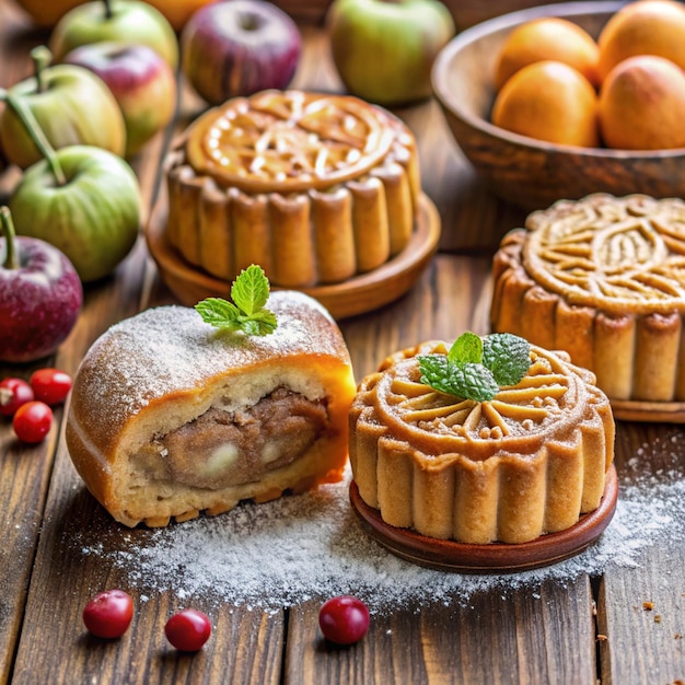 Photo a table with a cake and some apples and some other food