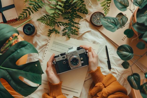 Photo table with camera and notebooks and pens and a woman