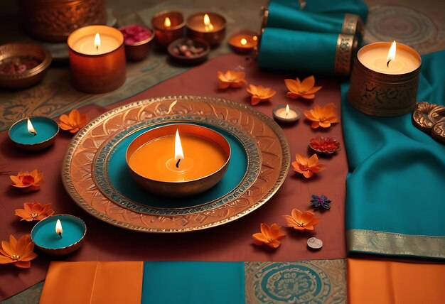 Photo a table with a candle and a bowl of leaves on it