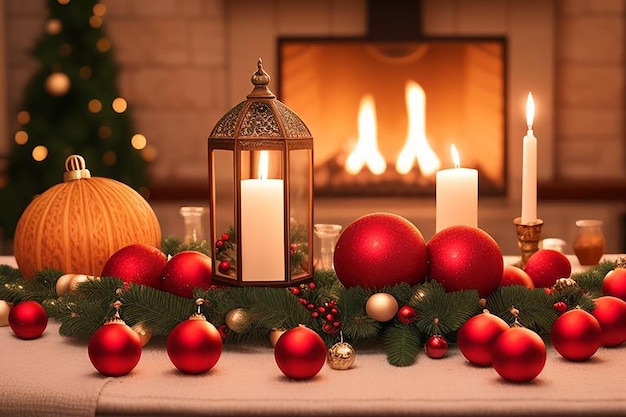 a table with a candle a candle and a candle in front of a fireplace