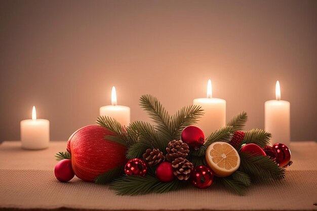 a table with a candle a christmas tree and a wreath with a christmas tree on it