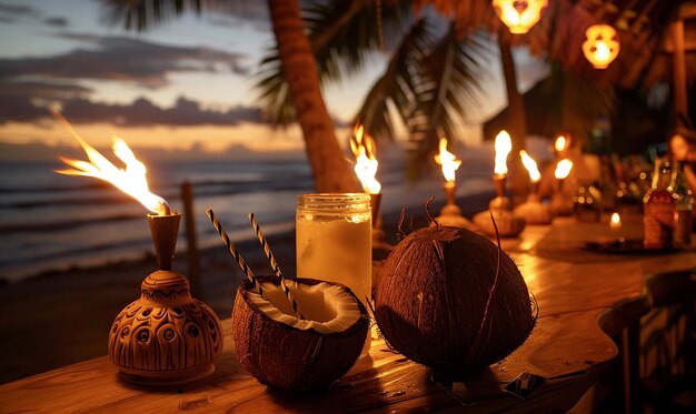 a table with a candle coconut and coconuts on it