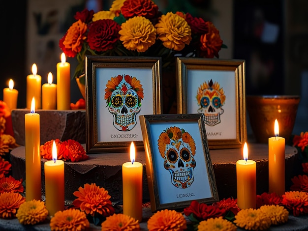 Photo a table with a candle and flowers and a skull that says quot nazara quot