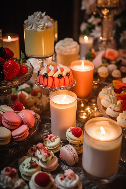 A table with a candle and macaroons on it