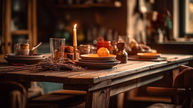 A table with a candle and a plate of food on it