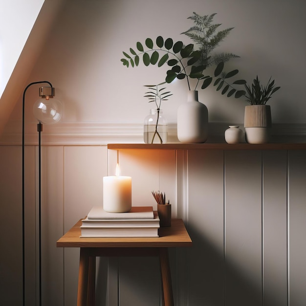 a table with a candle and a potted plant on it