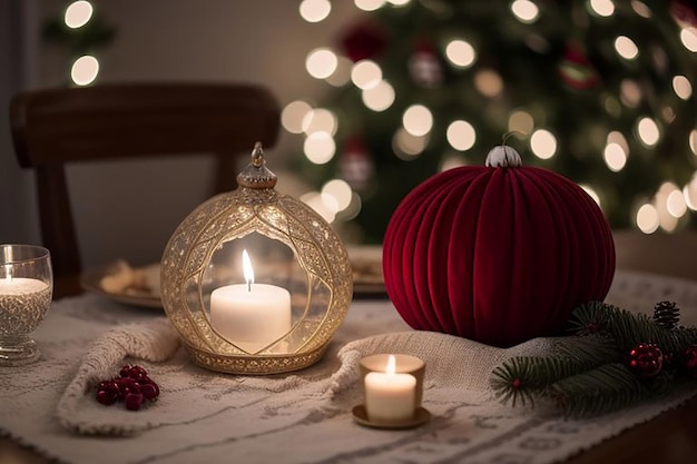 a table with a candle and a red bauble on it