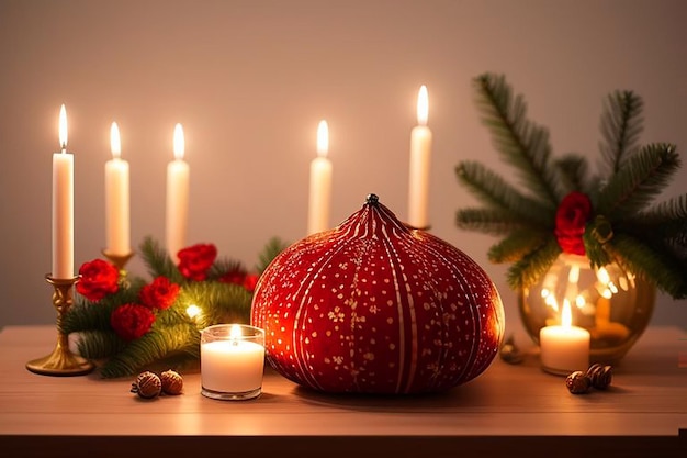 a table with a candle a red ornament and a candle with a candle in the middle