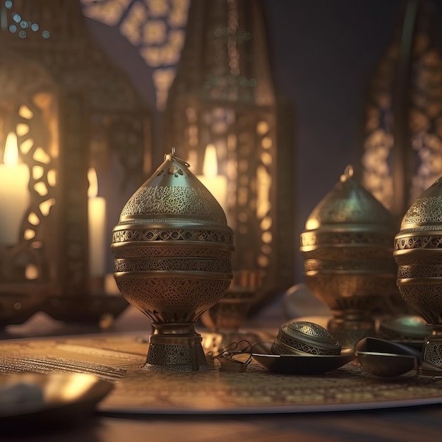 A table with a candle and some brass lanterns on it